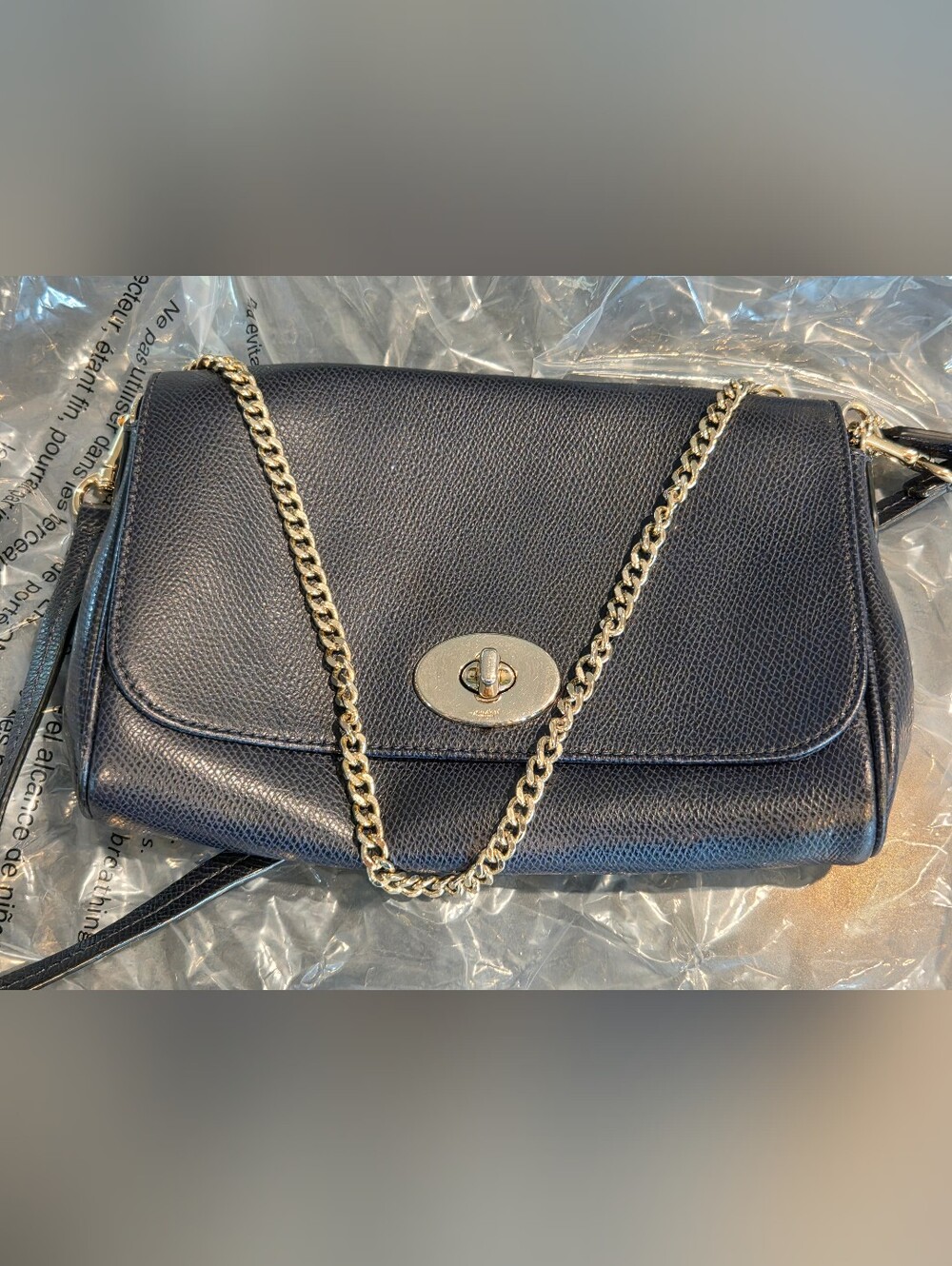 Coach Crosstown crossbody bag features a distinctive gold chain